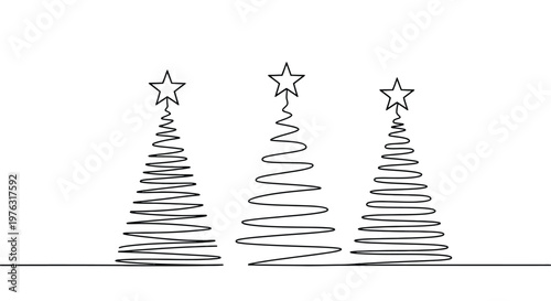 Three minimalist line art christmas trees with stars, simple design