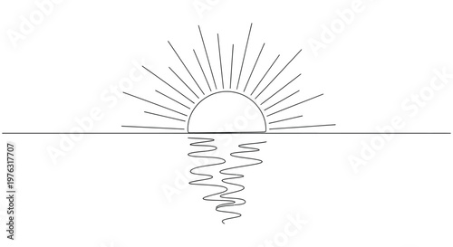 Single line drawing of sun setting over water with reflection with the clean, continuous