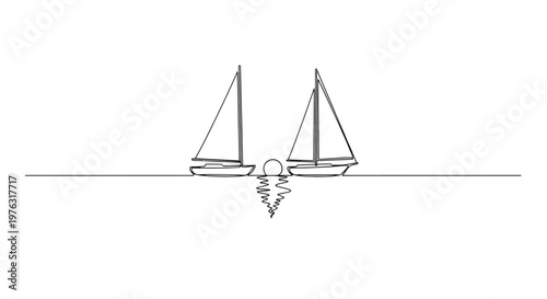 Two sailboats on water with reflection in minimalist line art style
