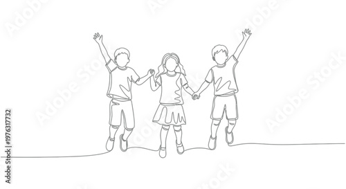 Single line drawing of three excited children jumping together with line art