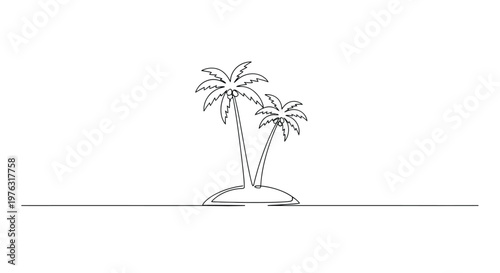 Two palm trees on island in minimalist line art style with minimalist line art illustration