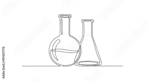Laboratory flasks with liquid in minimalist line art with minimalist line art illustration