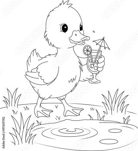 Cute Duck with Drink Coloring Page for Kids