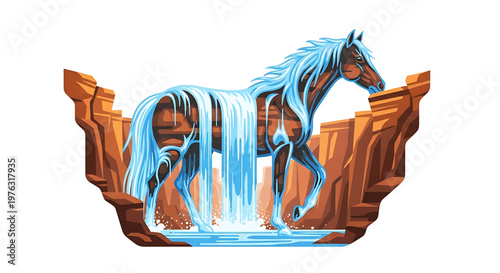 A vector graphic illustration of a horse with a waterfall mane and tail standing in front of a rocky cliff