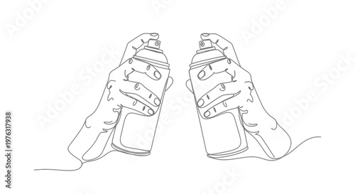Line art hands holding spray paint cans with spray can