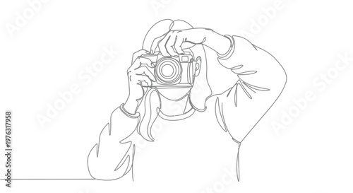 Line art person taking photo with vintage camera with single line