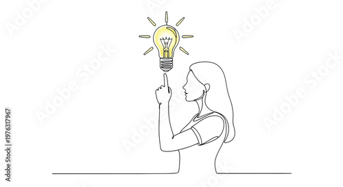 Woman with lightbulb idea single line drawing with line art