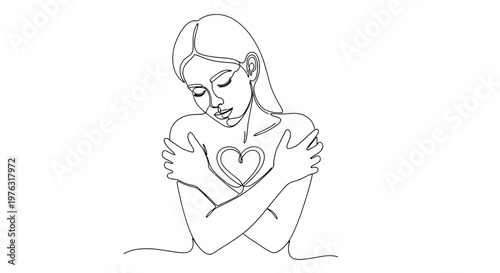 Tableau sur toile Woman hugging herself with heart line art with self love