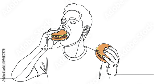 Man eating burger line art with fast food