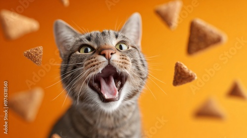 Happy tabby cat with open mouth surrounded by treats on an orange background.