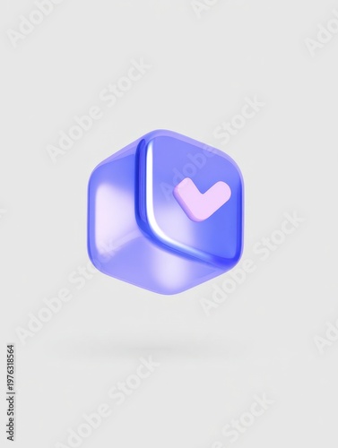 A glossy purple 3D cube with a pink check mark symbolizing success and approval.
