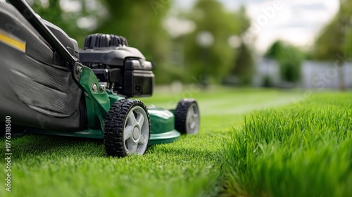Lawn mower on freshly cut grass in a vibrant green garden.