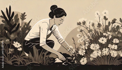 Woman tending to flowers in a garden setting.