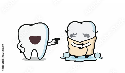 Healthy tooth laughing at cold sensitive tooth dental care cartoon vector illustration