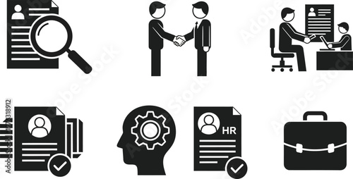 A versatile icon set illustrating core human resources, recruitment, and business processes for professional development in the workplace