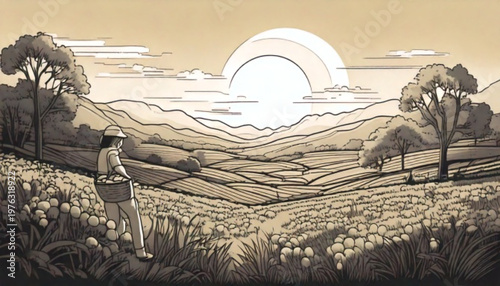 Lone traveler gazes at vast sunlit landscape with trees.