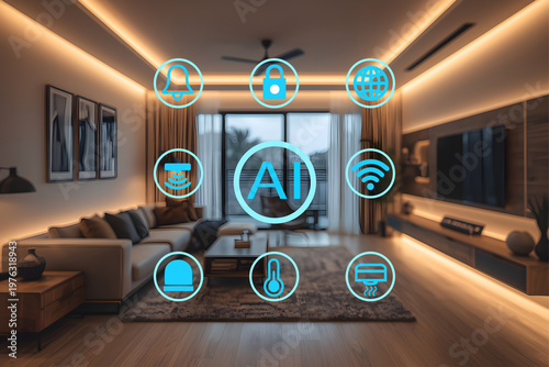 AI Smart Home Security System with Surveillance Smart Lock and Safety Monitoring Icons