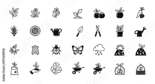 Black and white line icons of gardening tools and plants.