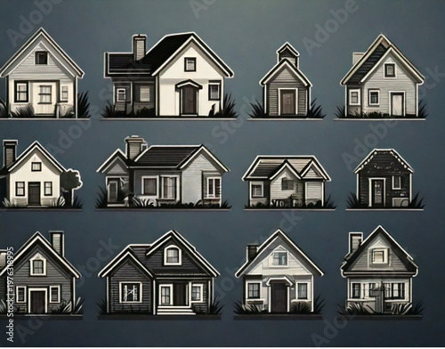 Collection of pixel art houses in various styles and sizes.