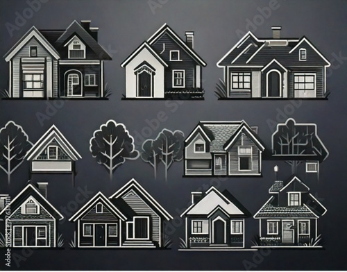 Collection of pixel art houses and trees in grayscale.