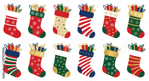 Set of festive holiday socks decorated with snowflakes and patterns. Traditional christmas stockings containing presents and winter greenery for seasonal greeting card decoration.