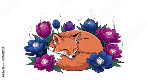 A serene cartoon fox sleeps peacefully surrounded by vibrant purple and blue flowers in a beautiful floral arrangement