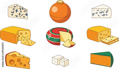 Cheese Collection Vector Illustration Set Featuring Various Dairy Cheese Types Including Blocks Wedges Blue Cheese and Cheese Wheel for Food Design Projects
