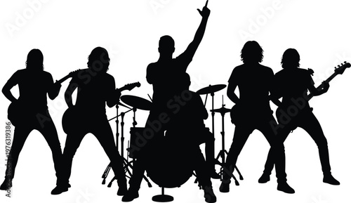 Black silhouettes of five musicians playing guitars and drums band