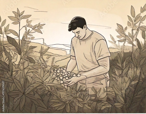 Farmer tending to crops in a field during daytime.