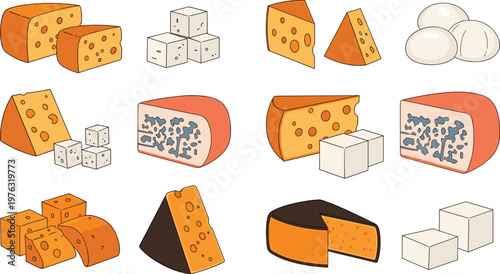 Cheese Collection Vector Illustration Set Featuring Various Dairy Cheese Types Including Cubes Blocks Wedges and Blue Cheese for Food and Culinary Design Projects