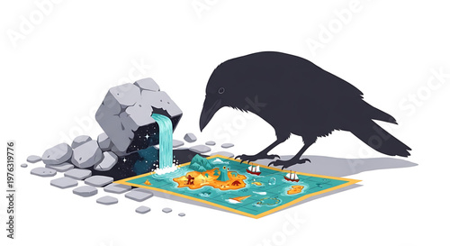 A black crow examines a treasure map with a waterfall pouring onto it from a rocky cliff.