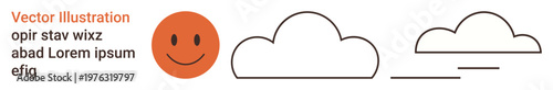 Happiness, weather icons, minimalism, child-friendly designs, positivity, conceptual art. happy face next to two abstract cloud outlines. Happiness and positivity concept