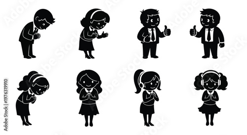 Diverse group of people in silhouette some bowing and others gesturing positively