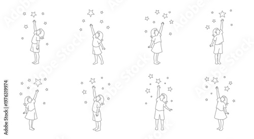 Children reaching for stars in a simple repeating sketch pattern