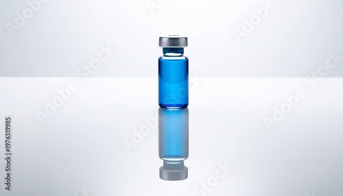 A small vial of blue liquid reflected on a bright, glossy surface