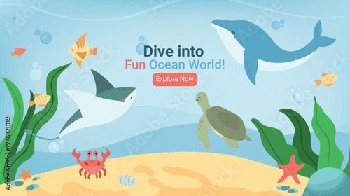 Ocean Animals Banner with Dolphin, Shark, Turtle and Fish in Flat Design, ideal for web headers and children themed designs. Web page for children, explore the world.