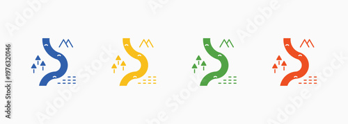 River and water flow icons representing freshwater systems, streams, and natural landscapes for eco design. Multiple color style Icons set.
