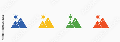 Mountain and peak icons with adventure, hiking, and terrain concepts for travel and outdoor themes. Multiple color style Icons set.