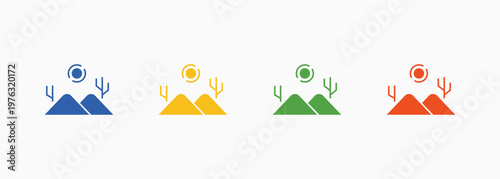 Desert themed icons with dunes, arid landscape, and extreme climate visuals for environment design. Multiple color style Icons set.
