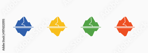 Glacier and ice icons representing cold climate, polar regions, and environmental change concepts. Multiple color style Icons set.
