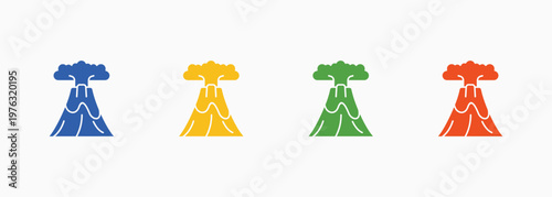 Volcano icons with eruption, lava, and geological activity for disaster and earth science themes. Multiple color style Icons set.