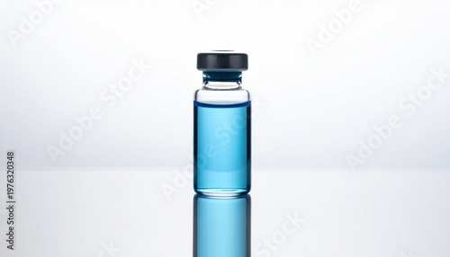 A small glass vial with blue liquid, standing upright, with reflective surface