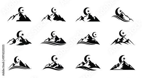 Black and white mountain and crescent moon logo set illustrating natural landscapes