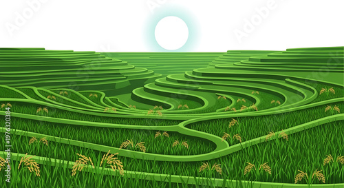 A serene and peaceful vector illustration of a green maze field with a bright sun shining above