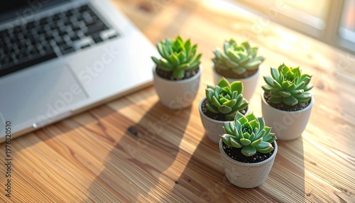 Five succulents and laptop on a wooden surface with sunlight