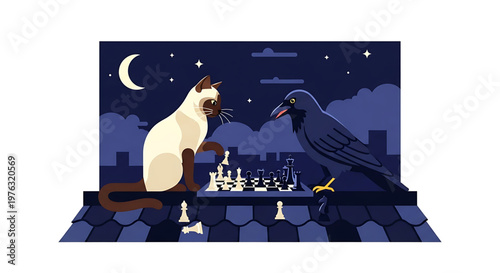 A whimsical vector illustration of a cat and crow playing chess on a rooftop at night