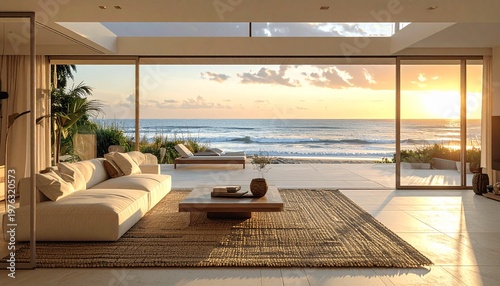 Luxurious interior opens to a beach sunset with ocean view and stylish decor
