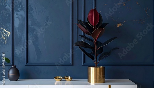 Houseplant in gold pot on white credenza against elegant blue wall