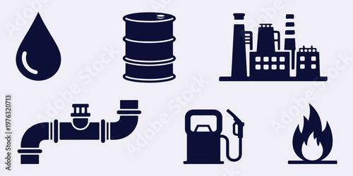 A collection of industrial icons representing oil, gas, and manufacturing processes on a clean background
