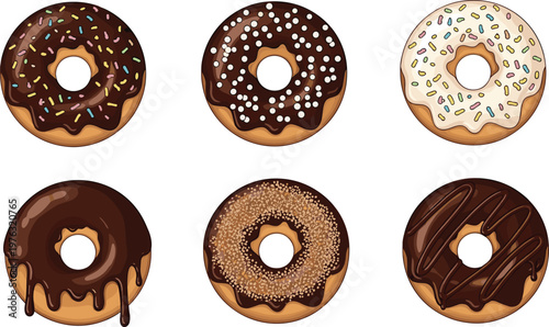 Chocolate Donut Collection Vector Illustration Set Featuring Glazed Sprinkled and Frosted Donuts with Different Toppings for Bakery Dessert and Sweet Food Design